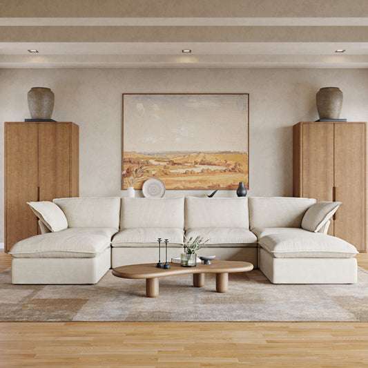 Sabi Modular Boucle Cloud Sofa - Beige - 4-Seater Sectional Sofa with 2 Ottomans - Nuvé