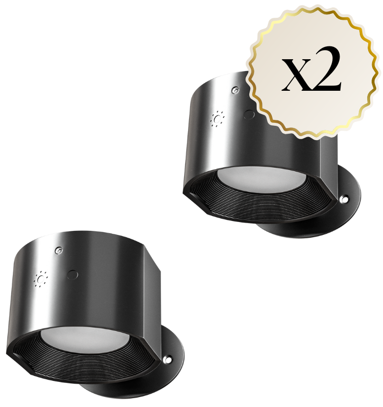 Two black outdoor wall lights on a white background with a brand logo.
