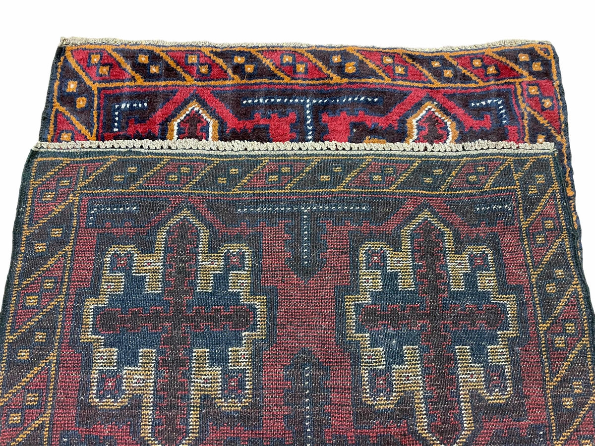 2' 7" X 4' 6" Vintage Handmade Tribal Wool Rug Balouchi Rug Afghan Rug Red Blue