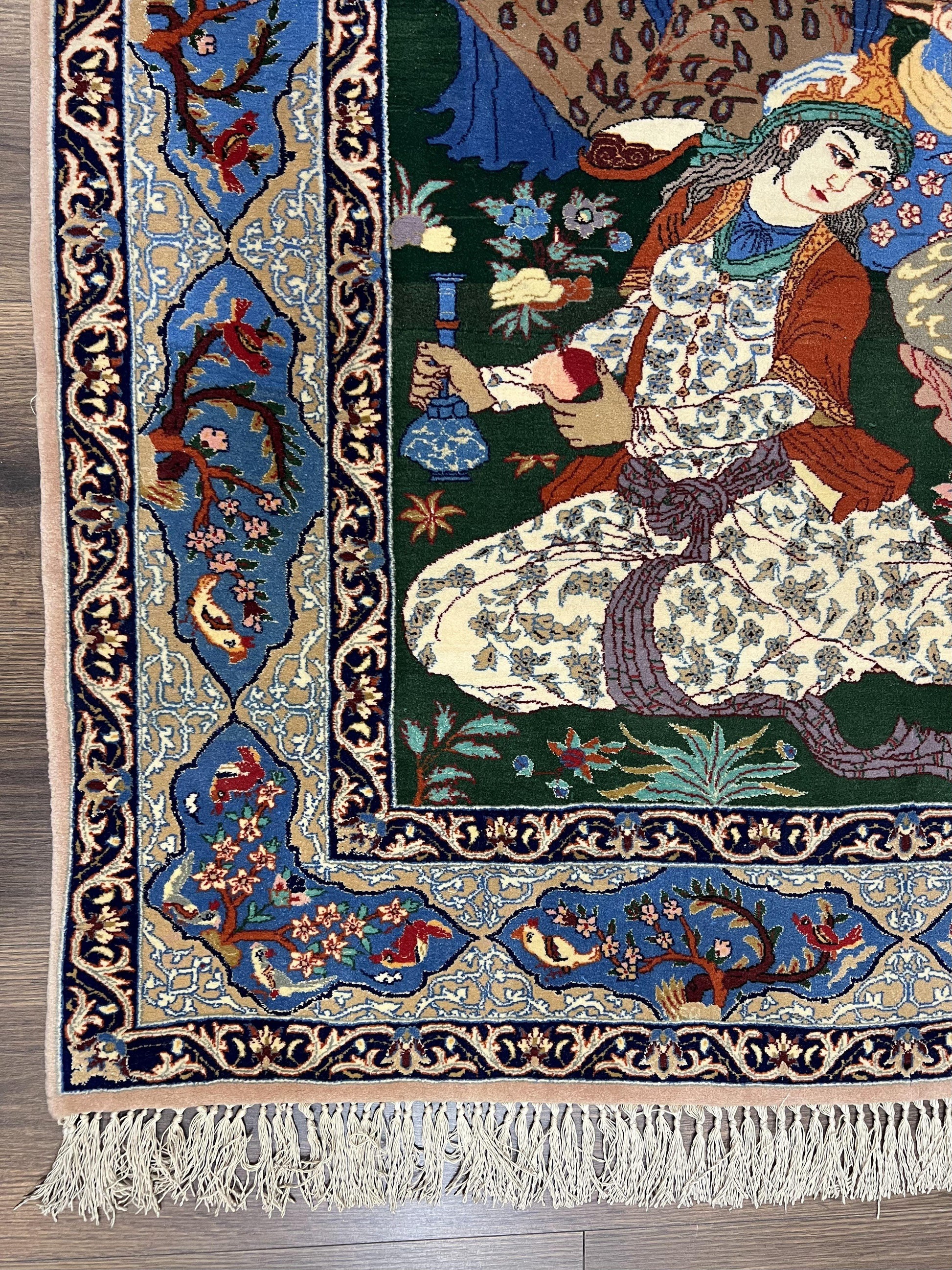 Fine Persian Isfahan Pictorial Rug 3.7 x 5, Kork Wool on Silk Foundation, Blue Persian Carpet, Hand Knotted, Humans Birds, High KPSI, Semi Antique - Nuvé