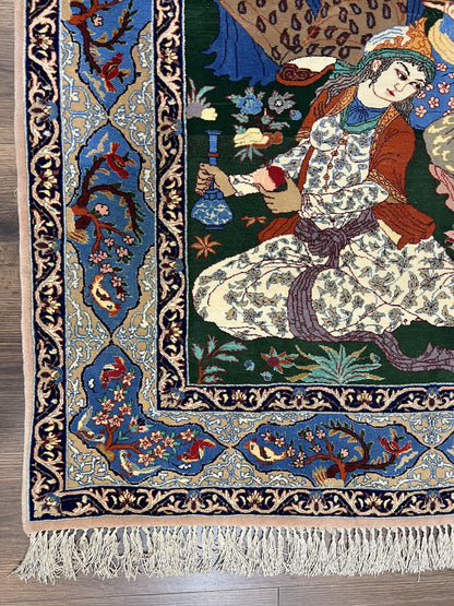 Fine Persian Isfahan Pictorial Rug 3.7 x 5, Kork Wool on Silk Foundation, Blue Persian Carpet, Hand Knotted, Humans Birds, High KPSI, Semi Antique - Nuvé