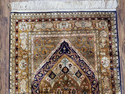 Semi Antique Persian Qum Silk Prayer Rug, Silk, Hand-Knotted, 3'6" x 5' - Nuvé