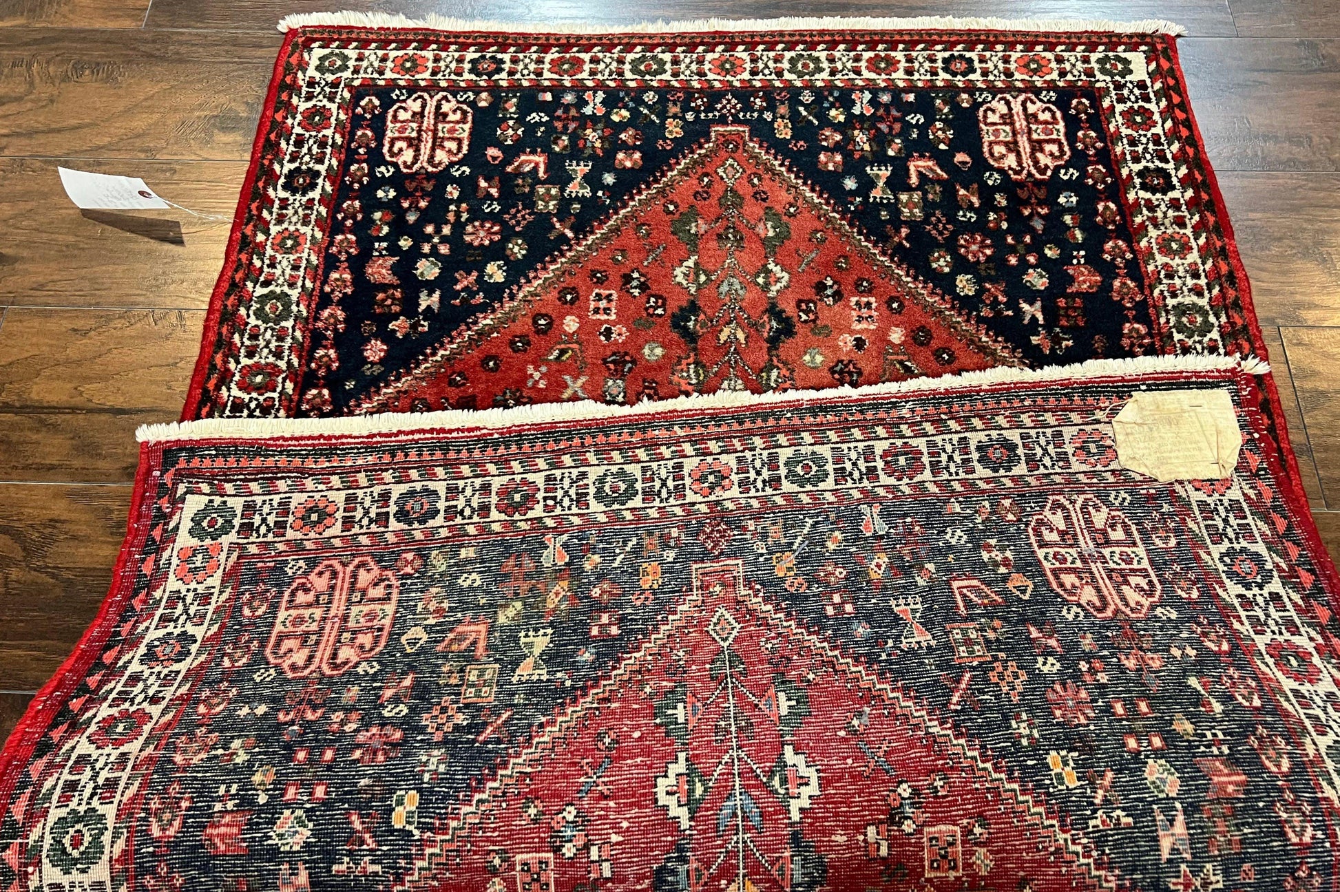 Persian Tribal Rug 3.6 x 5 ft, Persian Abadeh Rug, Geometric Medallion Bird Motifs, Red and Navy Blue Hand Knotted Handmade Wool Vintage Oriental Carpet - Nuvé