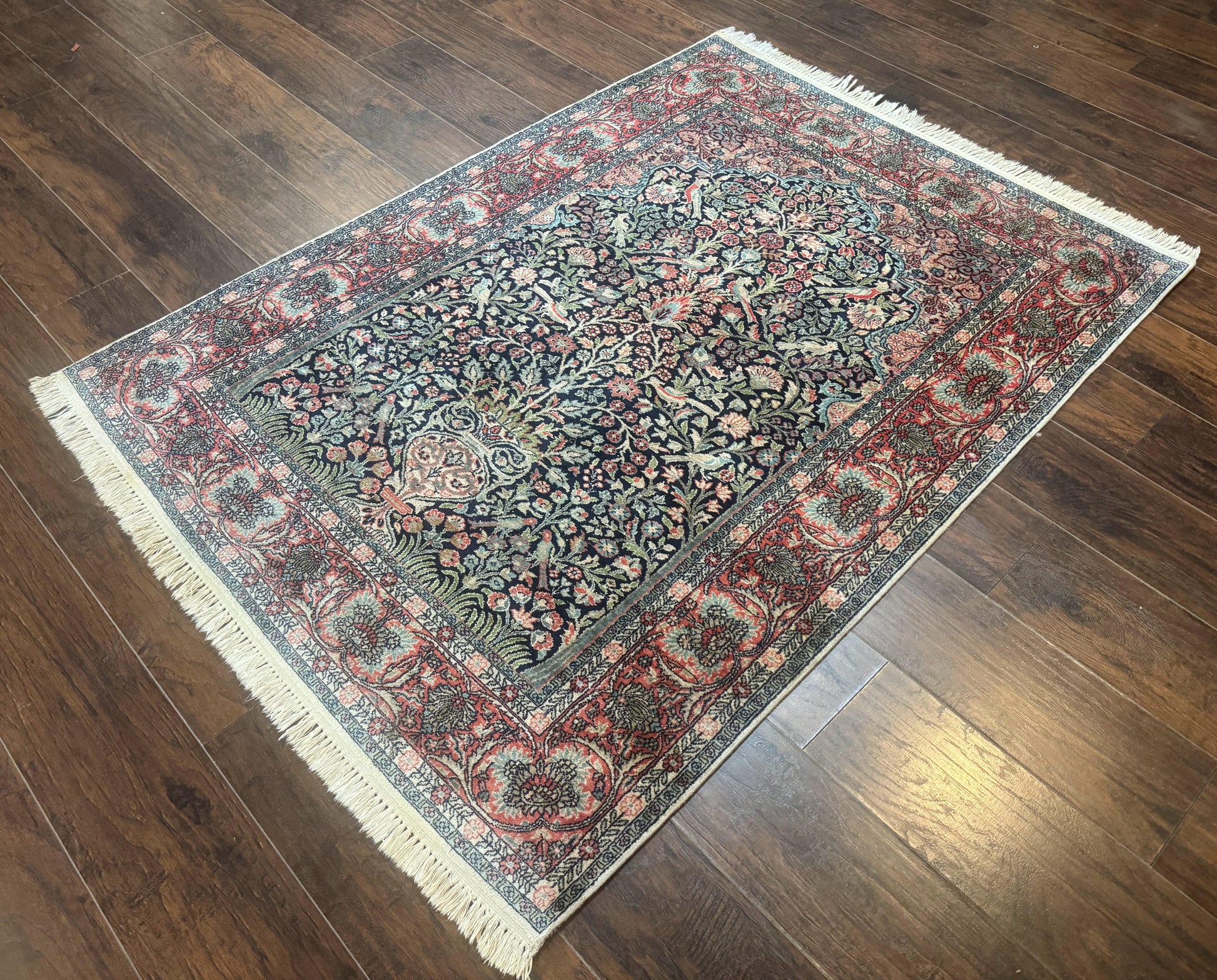Silk Indian Kashmiri Rug 4x6, Tree of Life Pattern, Birds, Fine 290 KPSI, Navy Blue and Red, Handmade Oriental Carpet - Nuvé