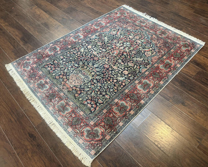 Silk Indian Kashmiri Rug 4x6, Tree of Life Pattern, Birds, Fine 290 KPSI, Navy Blue and Red, Handmade Oriental Carpet - Nuvé