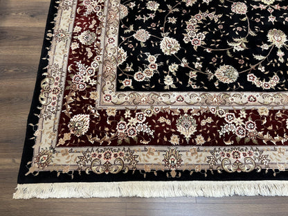 Sino Persian Rug 9x12, High Quality Oriental Carpet, Black and Maroon, Wool and Silk, Allover Floral Pattern, Hand Knotted, Vintage Rug Nice - Nuvé
