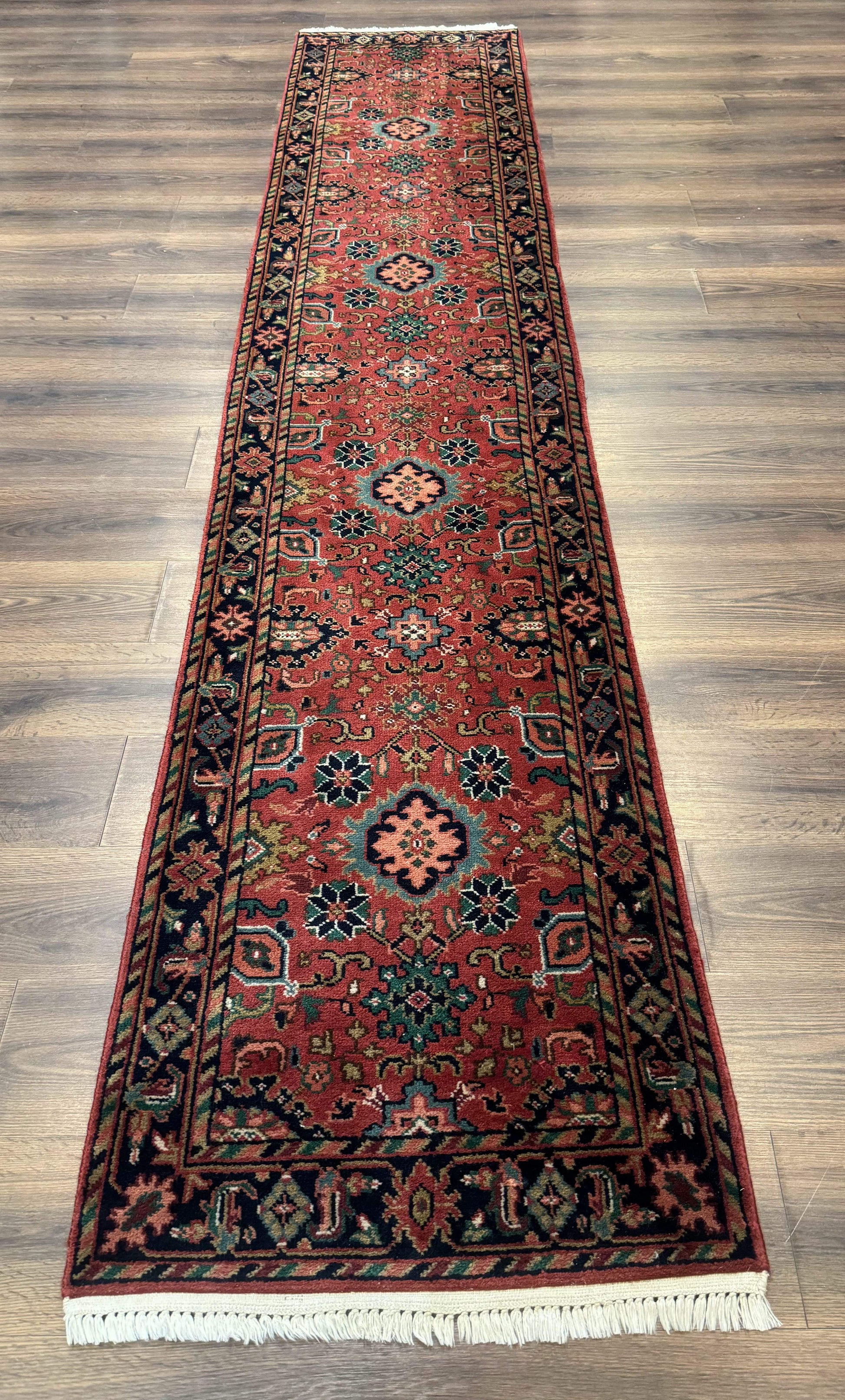 Indo Persian Heriz Runner Rug 2 x 12 ft, Hand Knotted Wool Hallway Rug, Red & Black - Nuvé