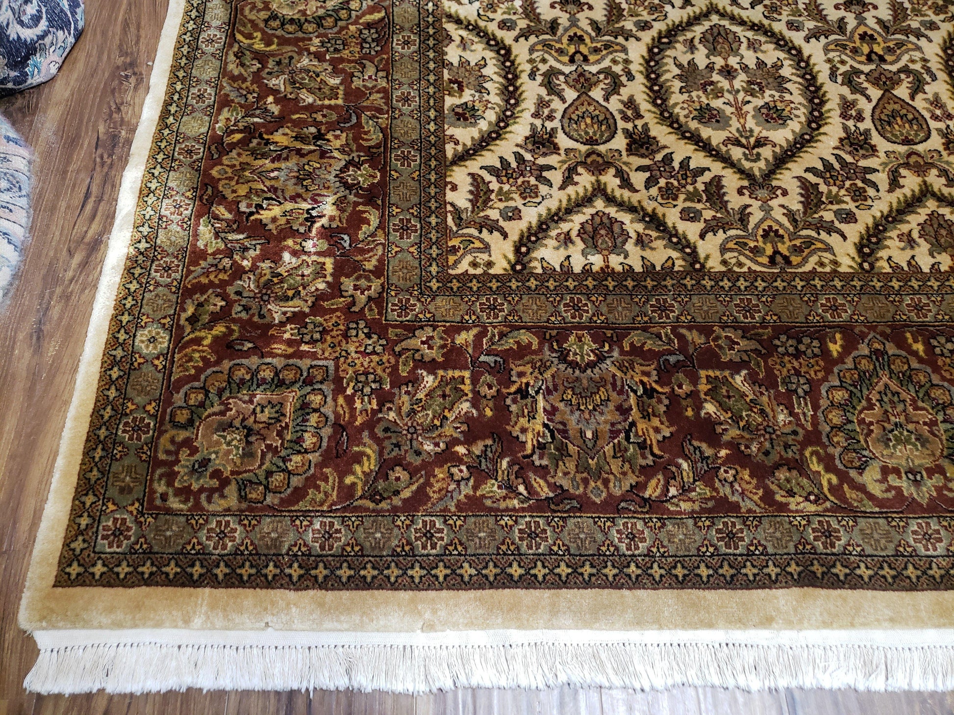 Vintage Indo Persian Area Rug 9x12, Wool Hand-Knotted Ivory & Dark Red Oriental Carpet, Fine Weave 9 x 12 Indian Rug, Dining Room Rug - Nuvé