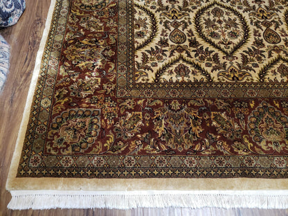 Vintage Indo Persian Area Rug 9x12, Wool Hand-Knotted Ivory & Dark Red Oriental Carpet, Fine Weave 9 x 12 Indian Rug, Dining Room Rug - Nuvé