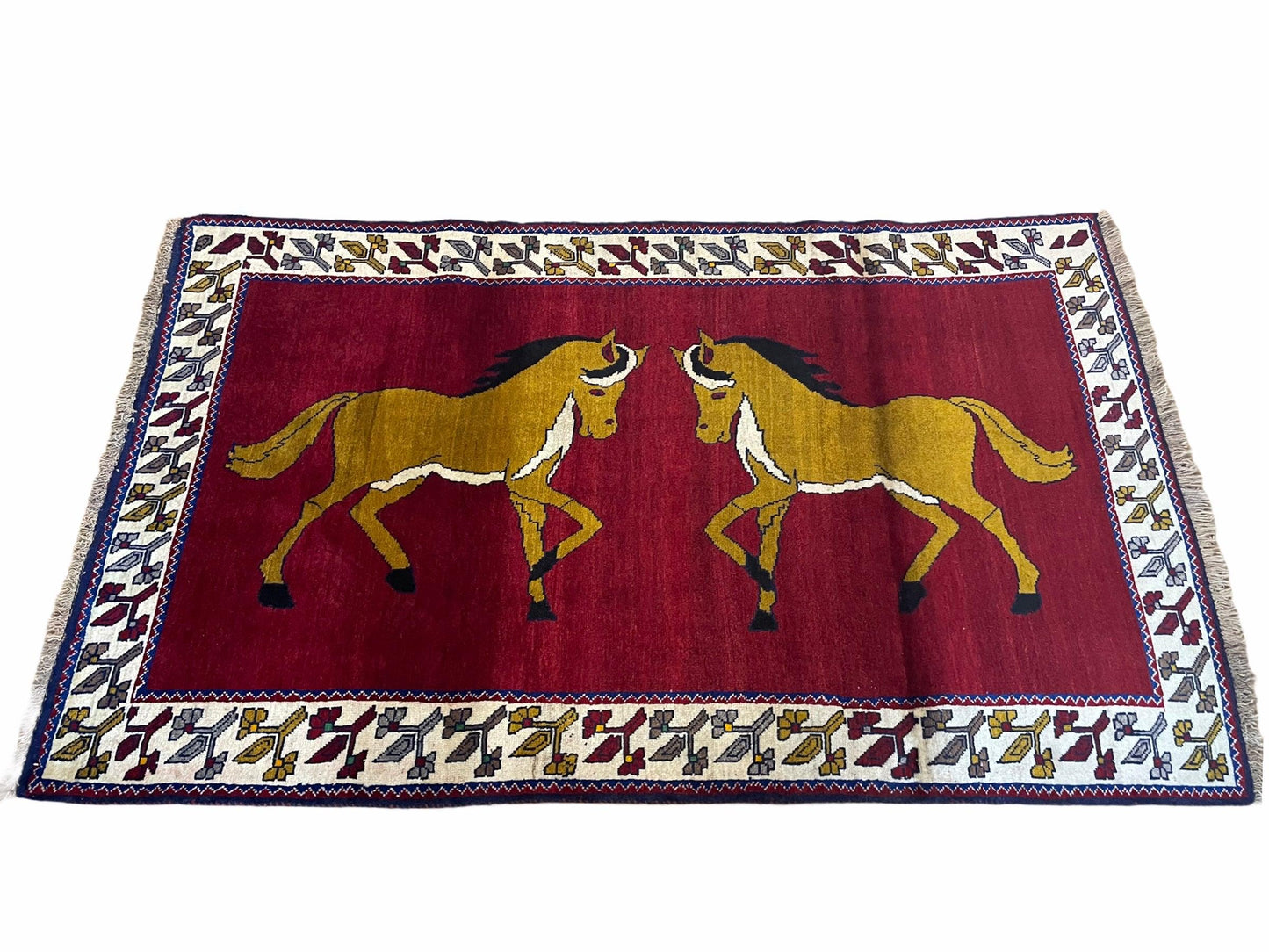 4 X 7 Handmade Hand-Knotted Quality Wool Rug Horses Zagros Red Mustard Gold New - Nuvé
