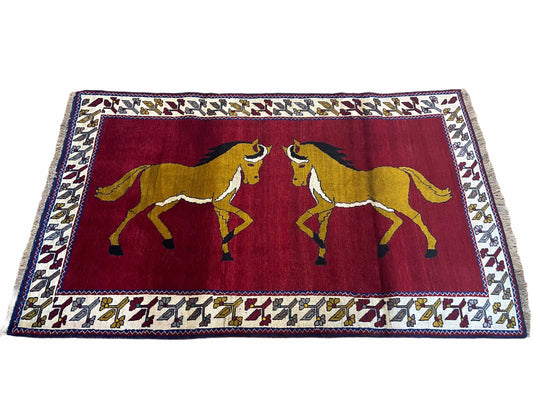 4 X 7 Handmade Hand-Knotted Quality Wool Rug Horses Zagros Red Mustard Gold New - Nuvé