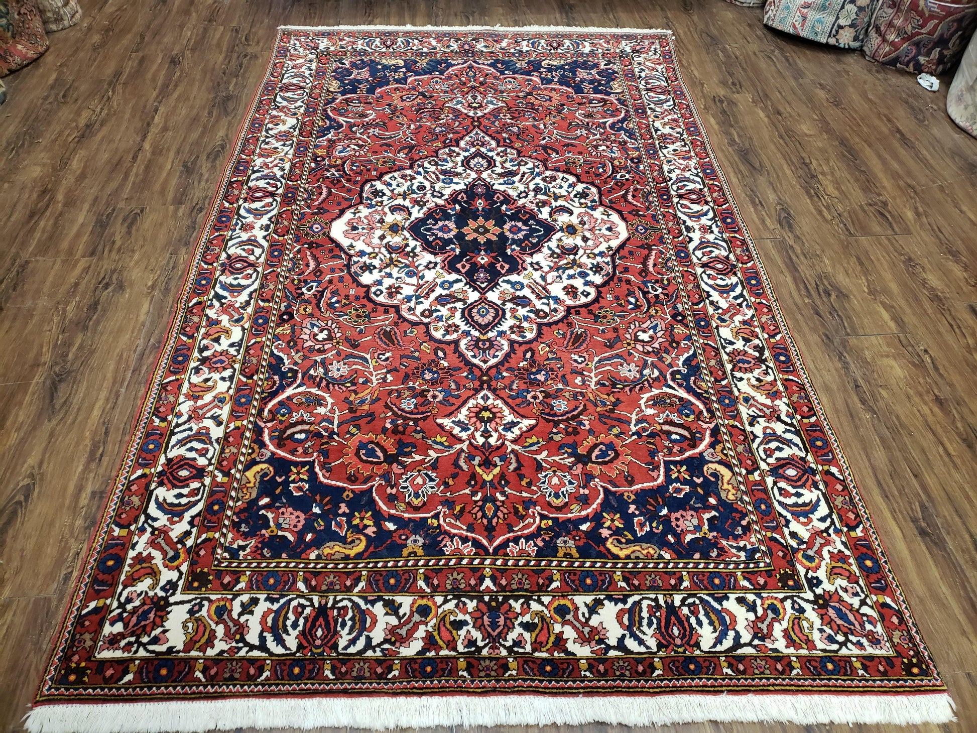 Semi Antique Persian Bakhtiari Rug, Hand-Knotted, Wool, Red, Midnight Blue, Ivory, Floral Medallion, 5'1" x 8' 6" - Nuvé