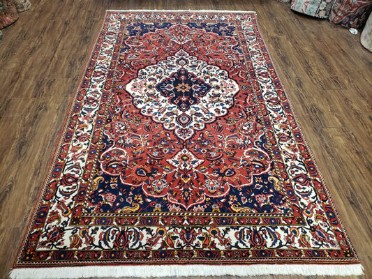 Semi Antique Persian Bakhtiari Rug, Hand-Knotted, Wool, Red, Midnight Blue, Ivory, Floral Medallion, 5'1" x 8' 6" - Nuvé
