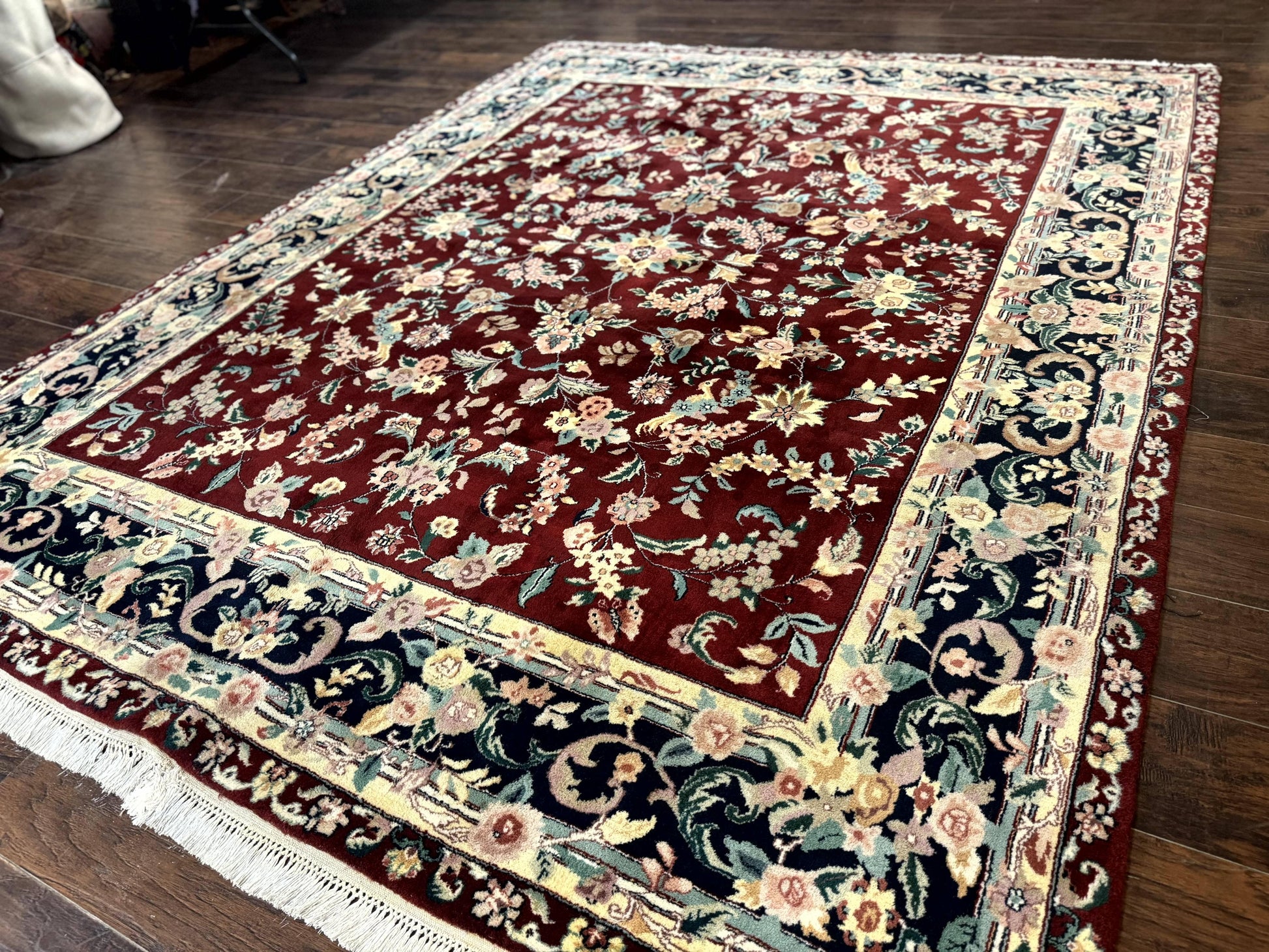 Indo Persian Rug 8x10, Floral Allover with Bird Pictorials, Maroon and Navy Blue, Handmade Wool Area Rug - Nuvé