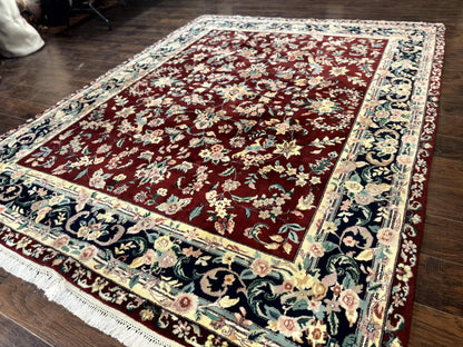 Indo Persian Rug 8x10, Floral Allover with Bird Pictorials, Maroon and Navy Blue, Handmade Wool Area Rug - Nuvé