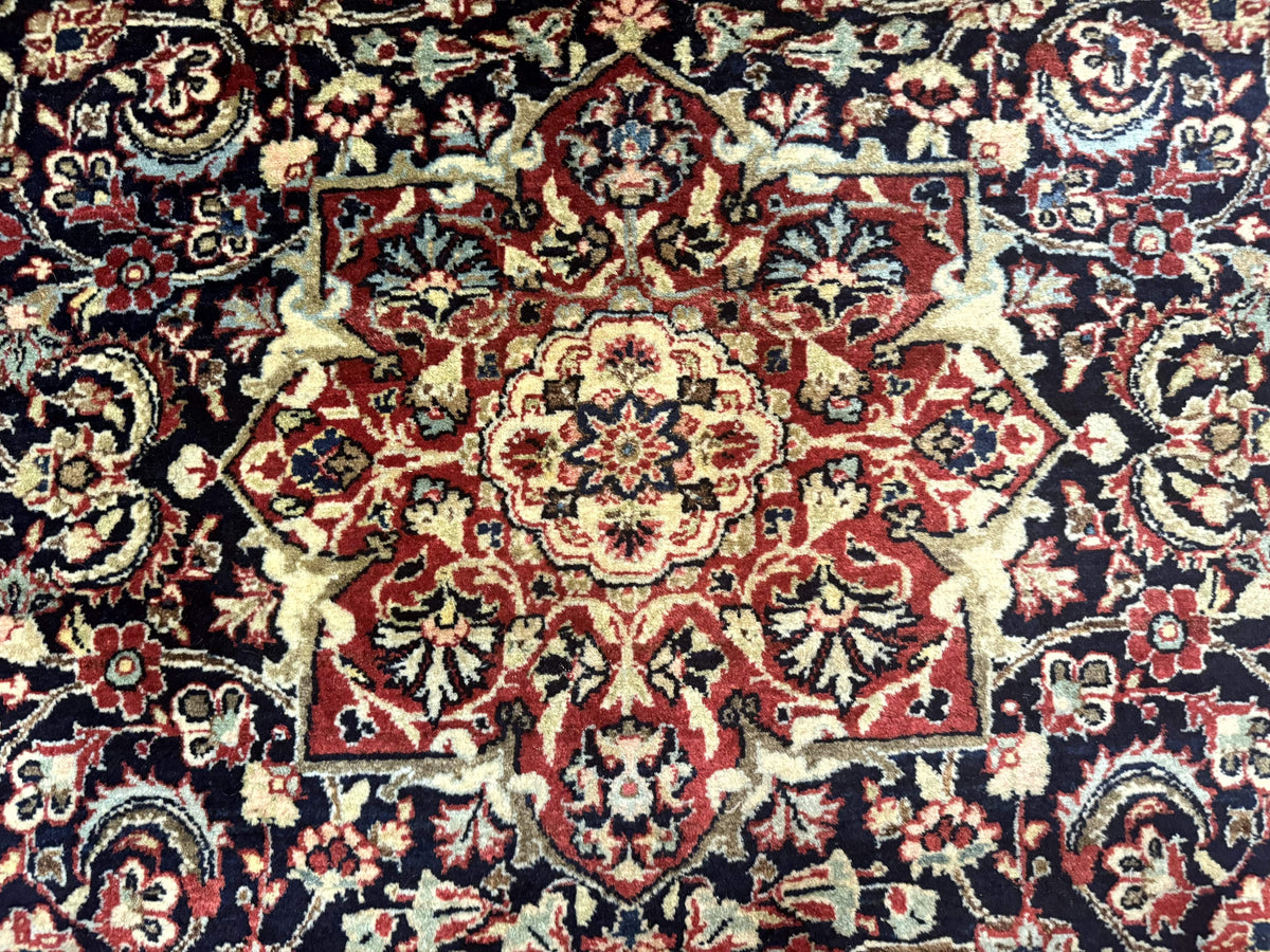 Antique Persian Sarouk Rug 4x5, Dark Blue and Red, Floral Medallion, Fine