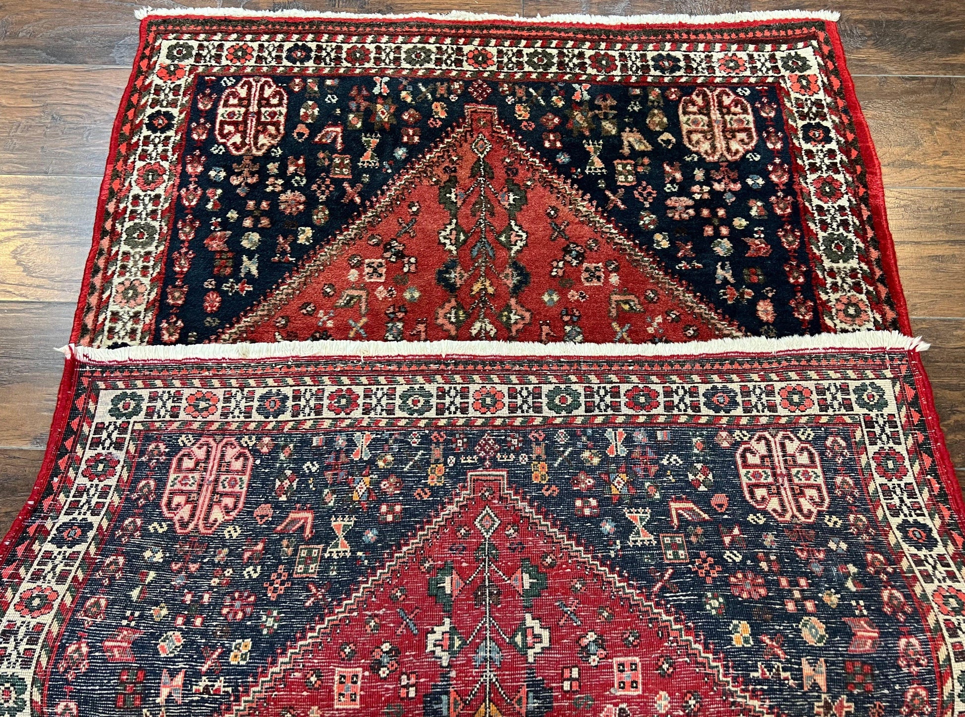 Persian Tribal Rug 3.6 x 5 ft, Persian Abadeh Rug, Geometric Medallion Bird Motifs, Red and Navy Blue Hand Knotted Handmade Wool Vintage Oriental Carpet - Nuvé