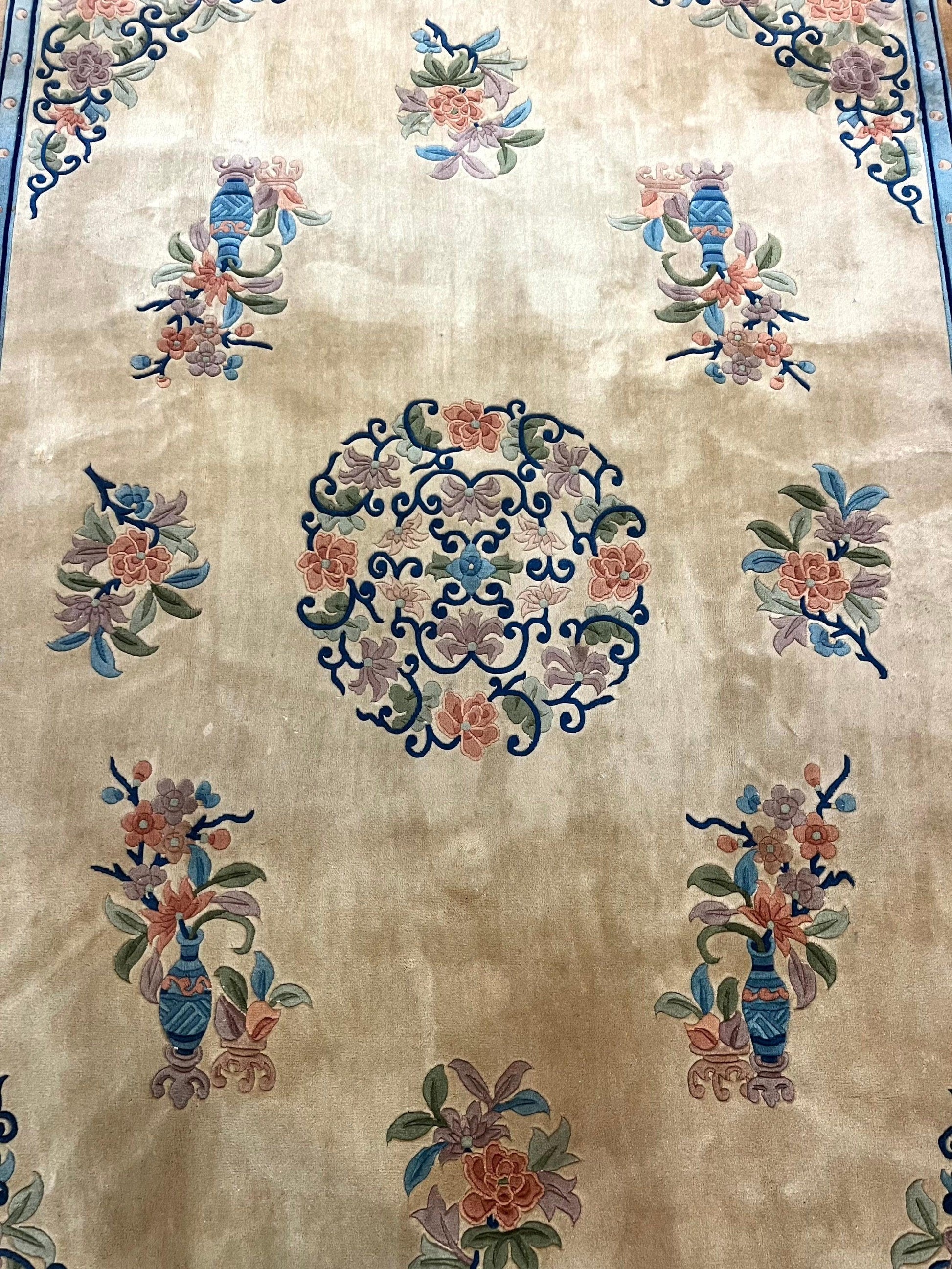 Chinese Wool Rug 8x11, Peking Asian Oriental Carpet, Cream/Ivory and Blue, Vintage Handmade Rug, Art Deco Rug - Nuvé