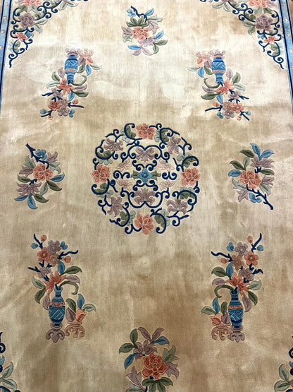 Chinese Wool Rug 8x11, Peking Asian Oriental Carpet, Cream/Ivory and Blue, Vintage Handmade Rug, Art Deco Rug - Nuvé