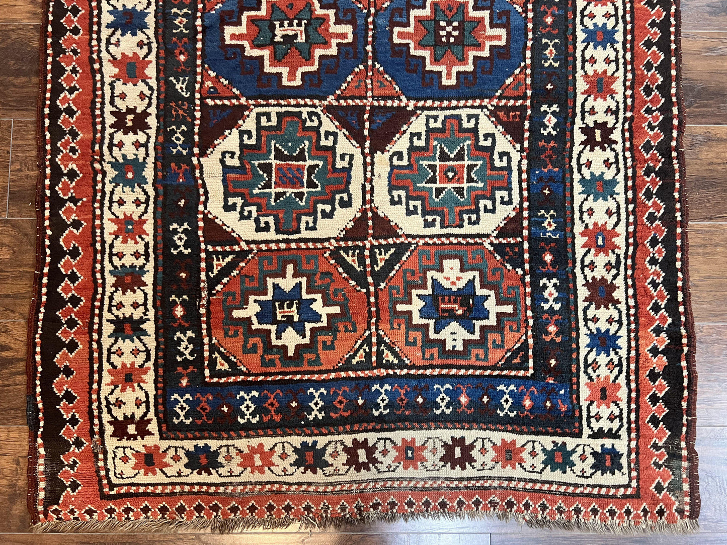 Antique Caucasian Kazak Runner Rug 4 x 9.5, Handmade Wool Rug for Hallway, Rare Colorful Panel Design Mid 19th Century 1870s Oriental Carpet - Nuvé