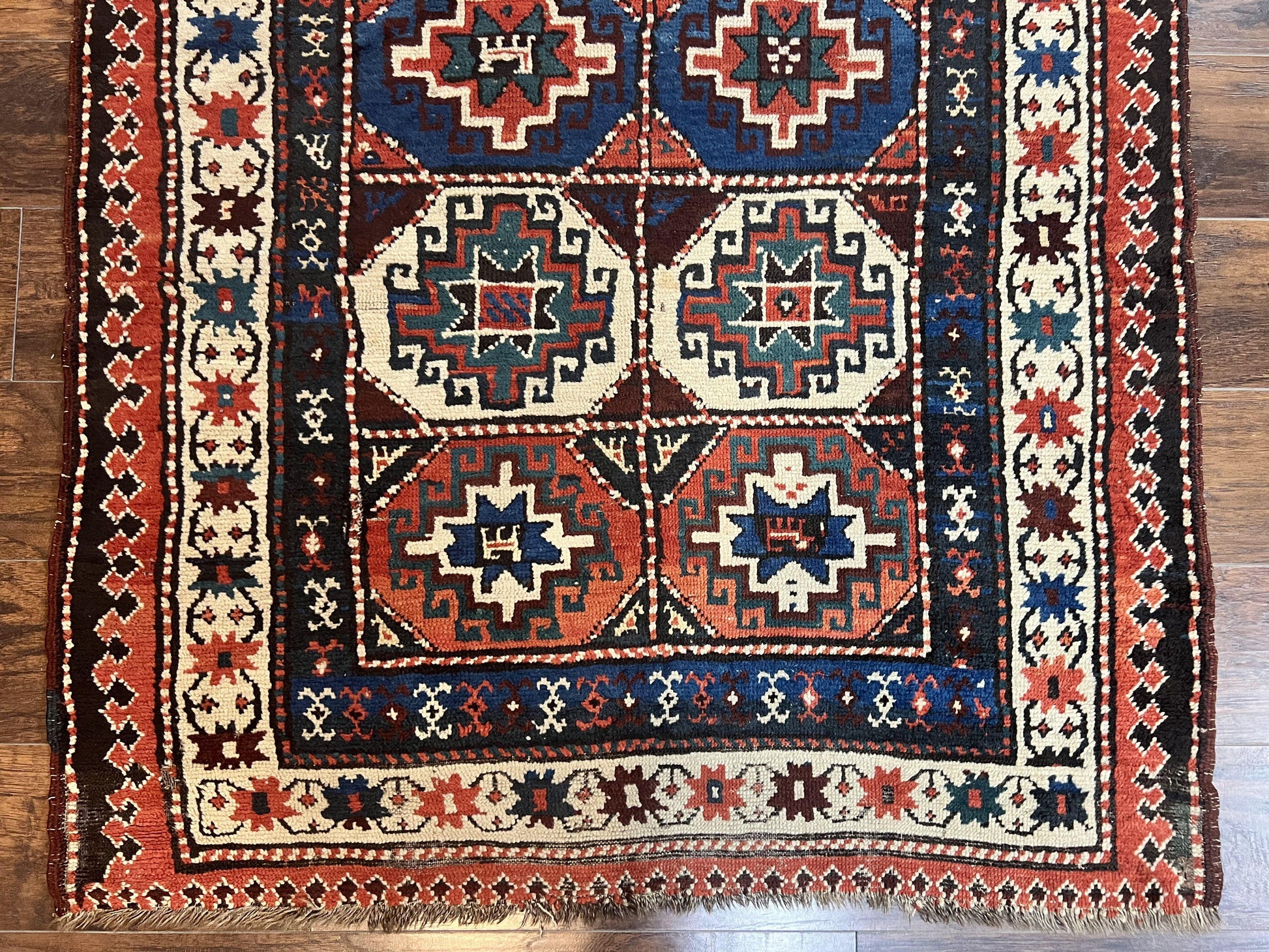Antique Caucasian Kazak Runner Rug 4 x 9.5, Handmade Wool Rug for Hallway, Rare Colorful Panel Design Mid 19th Century 1870s Oriental Carpet - Nuvé