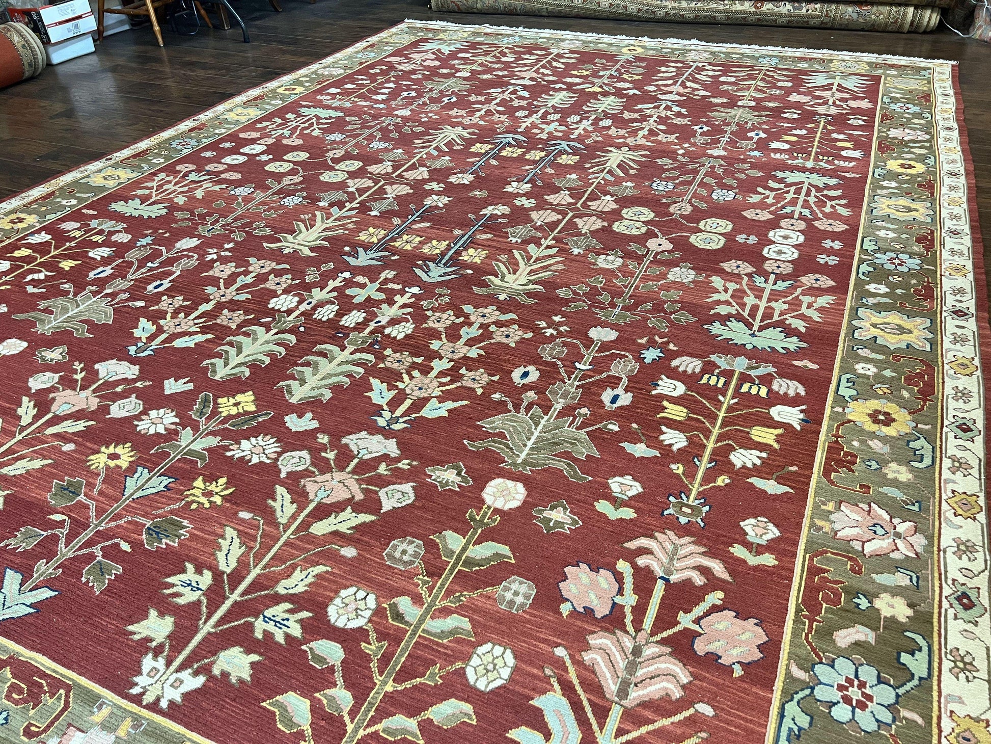 Indian Rug 10x14, Wool Hand Knotted Flatweave Carpet, Tree of Life, Red and Green - Nuvé