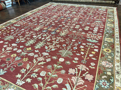 Indian Rug 10x14, Wool Hand Knotted Flatweave Carpet, Tree of Life, Red and Green - Nuvé