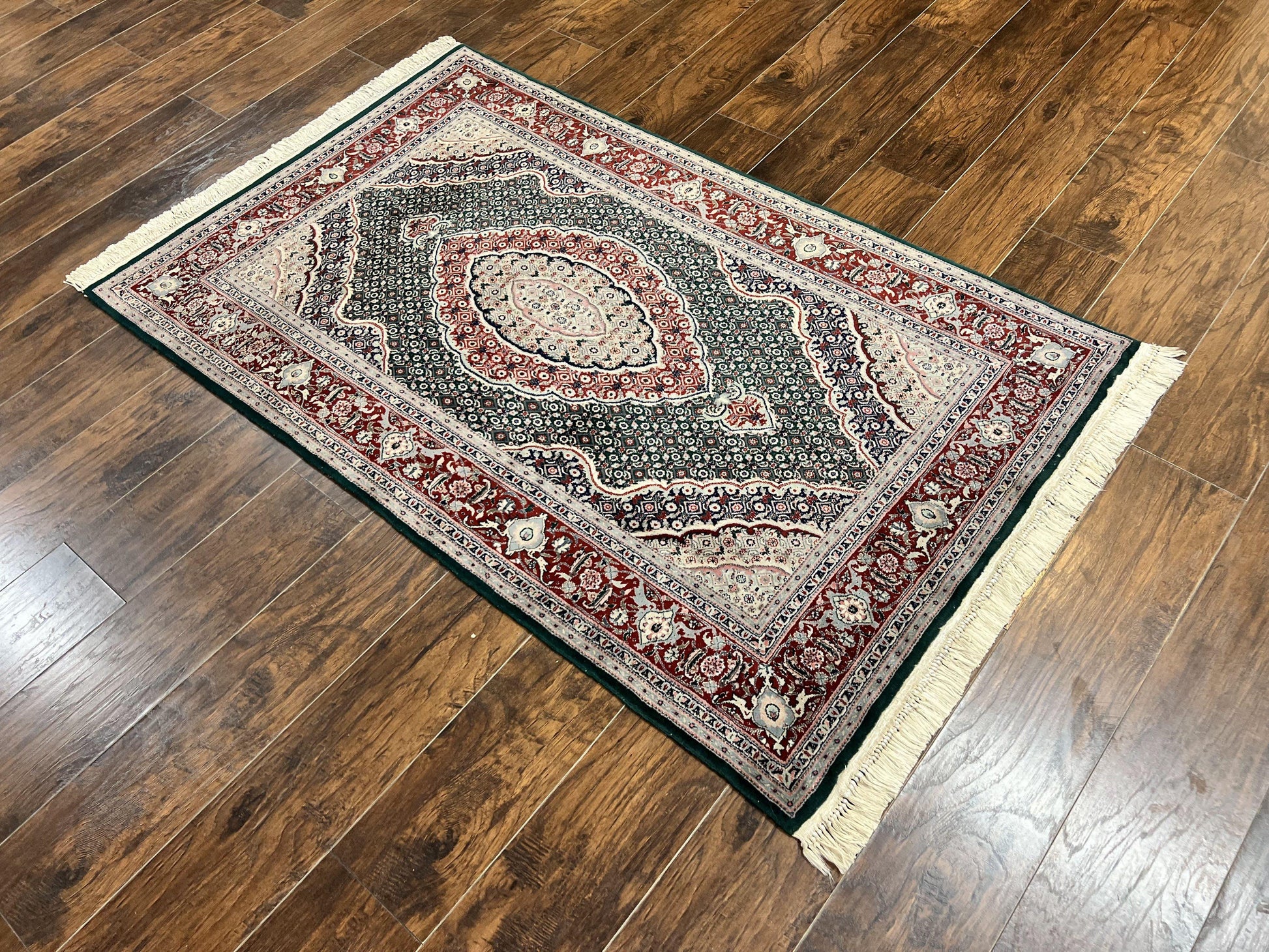 Sino Persian Rug 4x6, Wool with Silk Highlights, Fine Hand Knotted Carpet, Green & Maroon Red, Herati Medallion, Vintage Rug - Nuvé