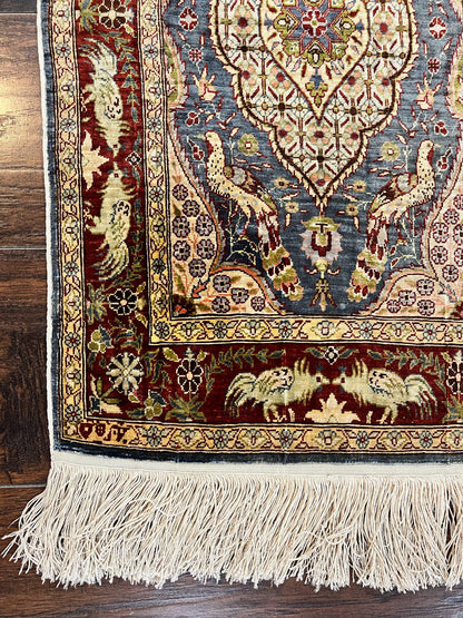 Silk Turkish Hereke Rug 2x3, Peacocks Birds, Signature from Master Weaver, Super Finely Hand Knotted 550 KPSI, Animal Pictorials - Nuvé