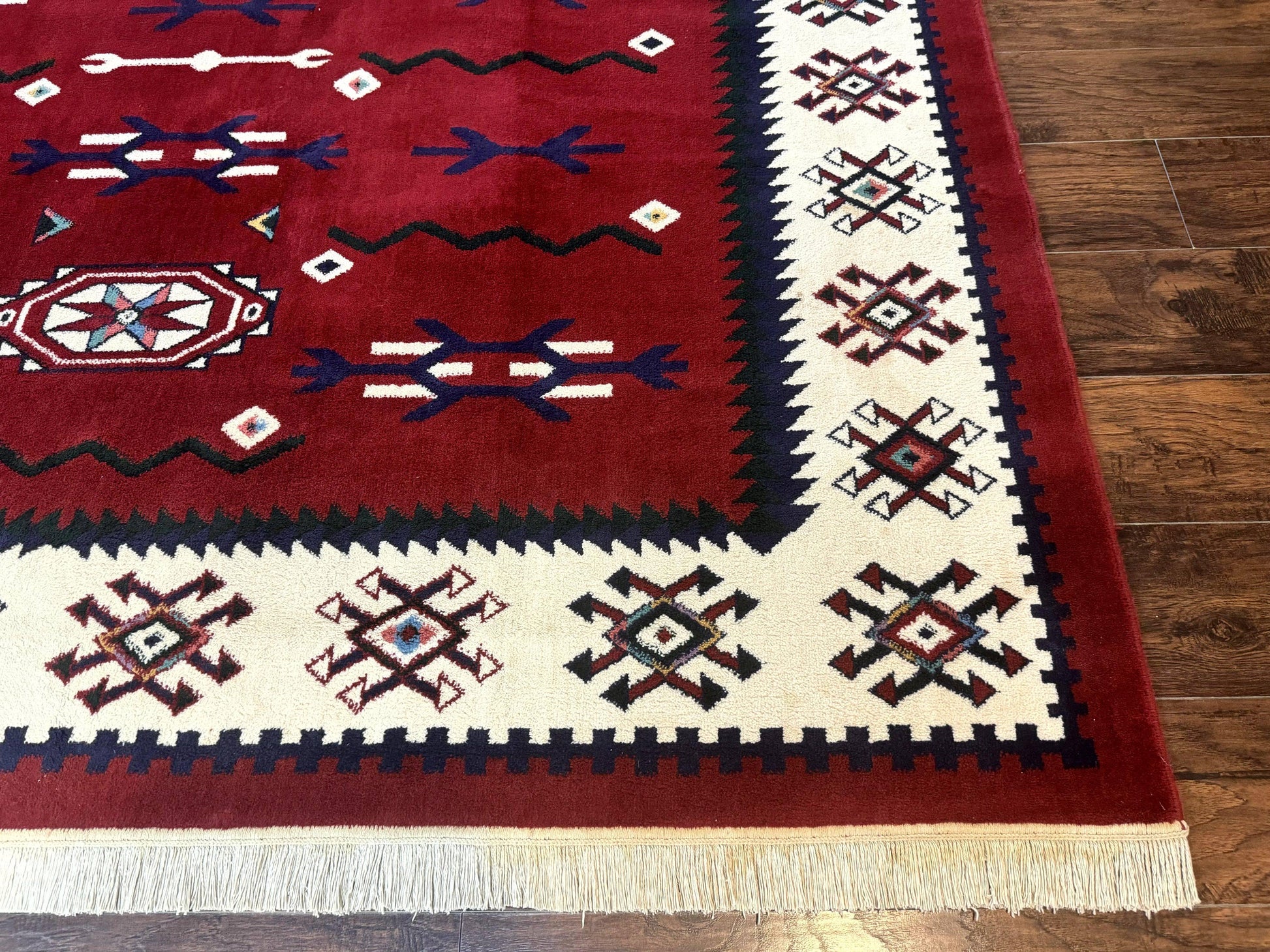 Belgium Power Loomed Rug 8x11, Navajo Native American Design, Dark Red and Ivory, Tribal Rug, Bohemian Carpet - Nuvé
