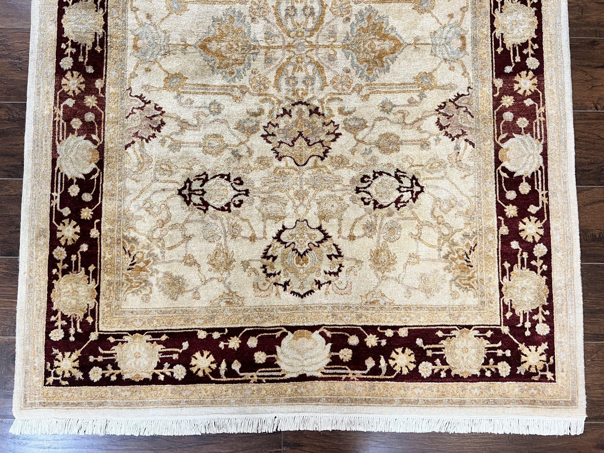 Peshawar Rug 5x7, Beige and Maroon, Vintage Handmade Wool Traditional Carpet 5 x 7 ft, Pakistani Rug, Agra Pattern, Very Fine 260 KPSI - Nuvé