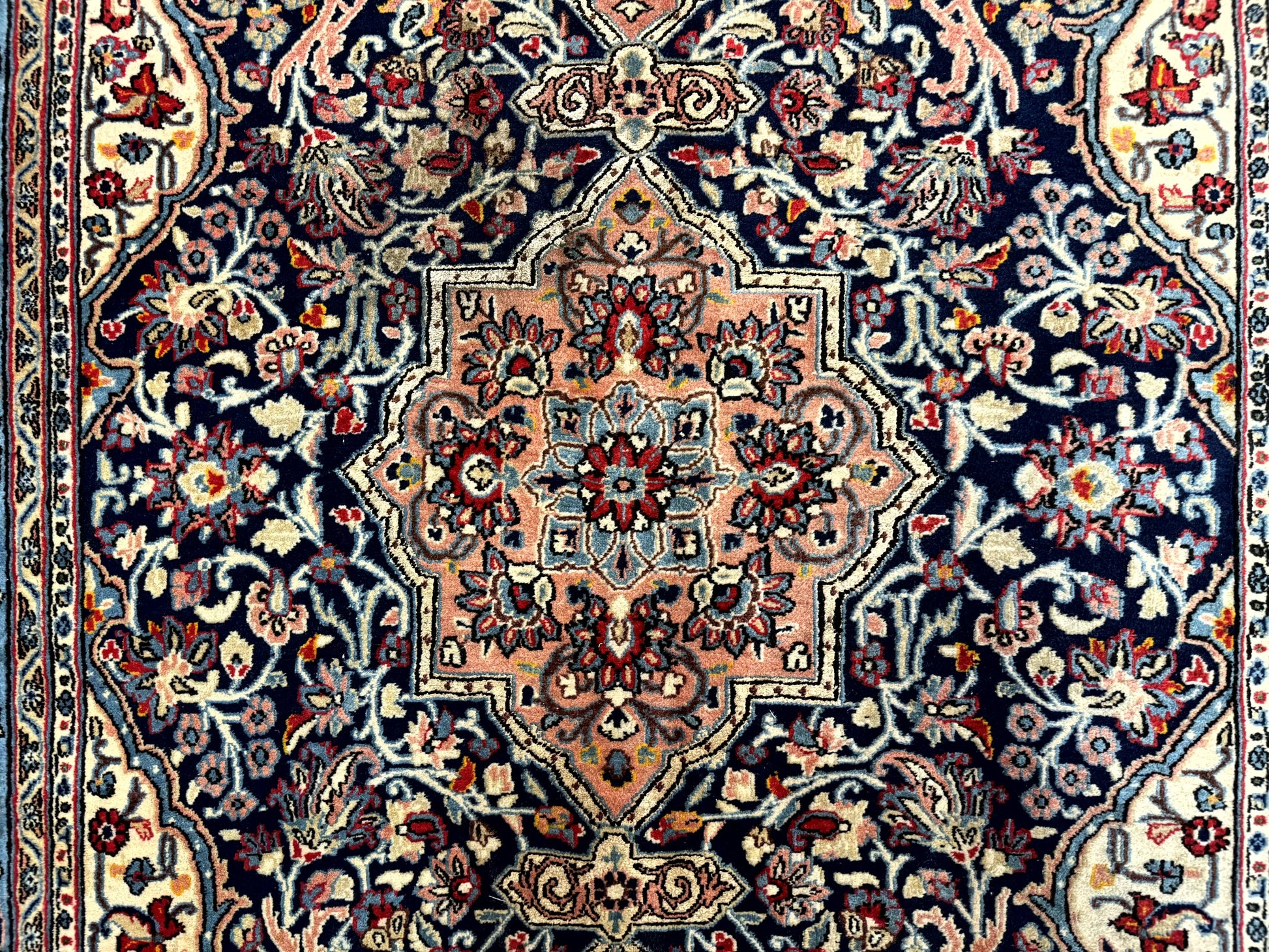 Persian Qum Rug 5x7 in Navy Light Blue and Ivory, Wool wilh Silk Highlights, 225 KPSI - Nuvé