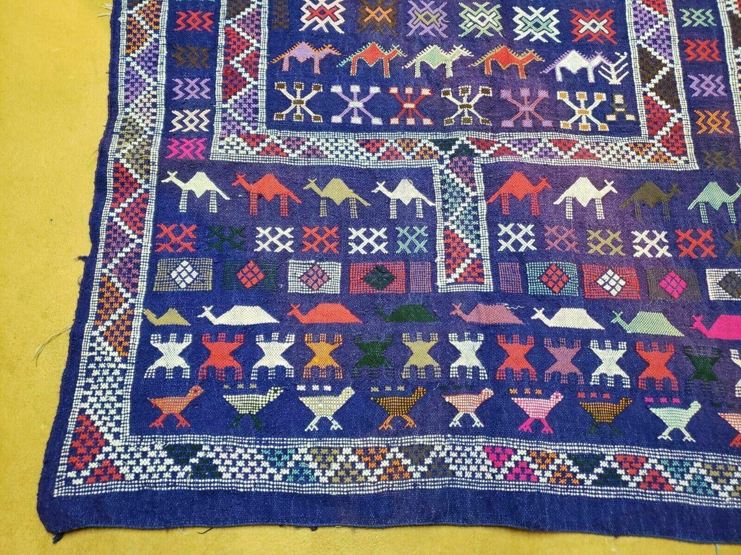 3' X 7' Vintage Handmade Indian Wool Kilim Flat weave Rug Camel Birds Blue Geometric Short Runner - Nuvé