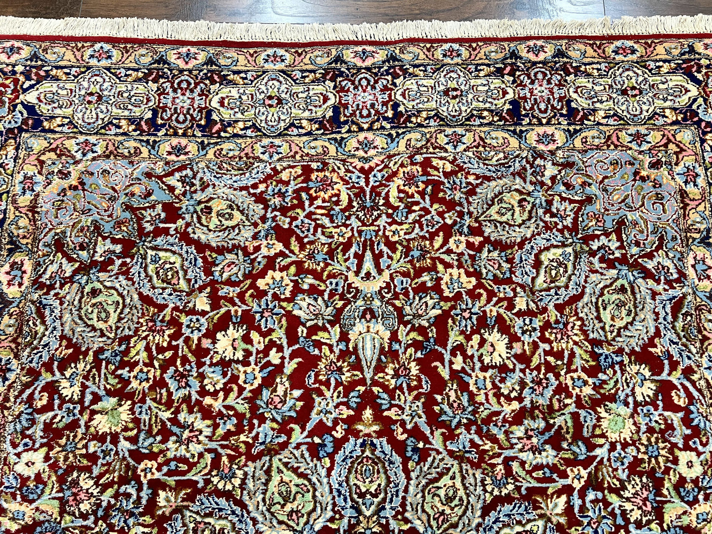 Persian Rug 7x10, Kirman Oriental Carpet 7 x 10 ft, Hand Knotted Wool Floral Medallion Semi Antique Persian Rug, Dark Red Light Blue Vintage - Nuvé