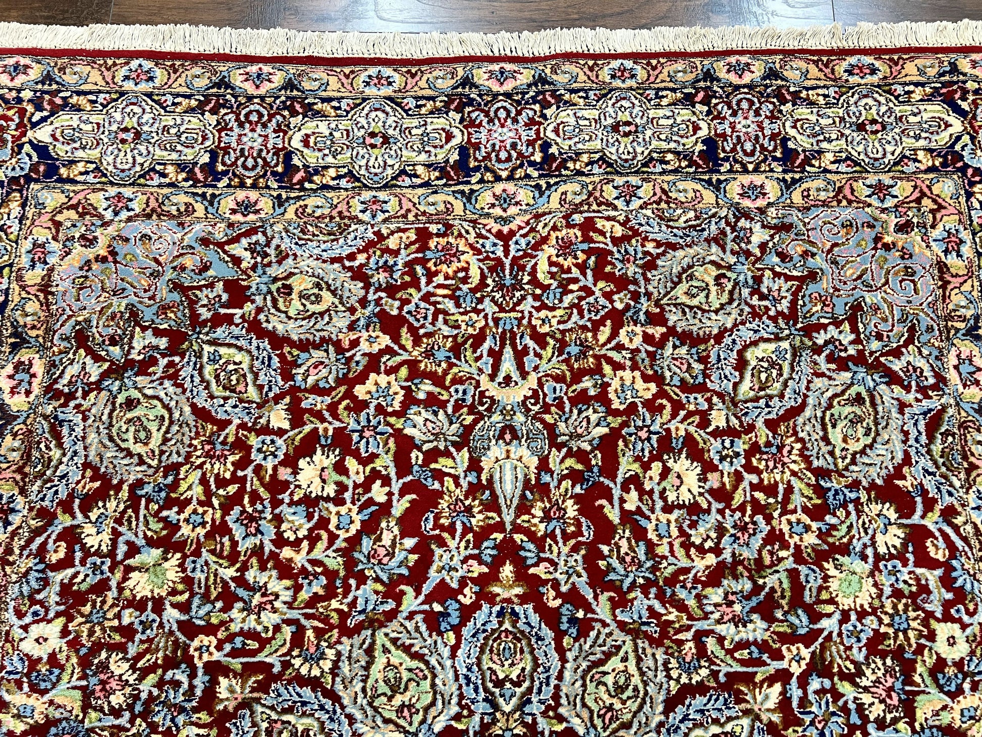 Persian Rug 7x10, Kirman Oriental Carpet 7 x 10 ft, Hand Knotted Wool Floral Medallion Semi Antique Persian Rug, Dark Red Light Blue Vintage - Nuvé