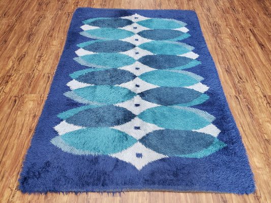 Blue Rya Rug, 1960s Mid-Century Danish Shag Rug 4'6" x 6'7", Ege Rya Modern Carpet, Cyan DeLuxe Rya Shag Rug, Vintage Area Rug 4x6, 5x7 Rug - Nuvé