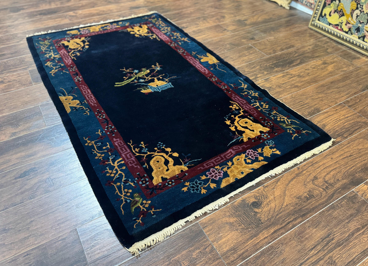 Antique Chinese Peking Rug 3x6, Dark Blue, Bird Motif, Handmade Wool Art Deco Asian Oriental Carpet, Pair B