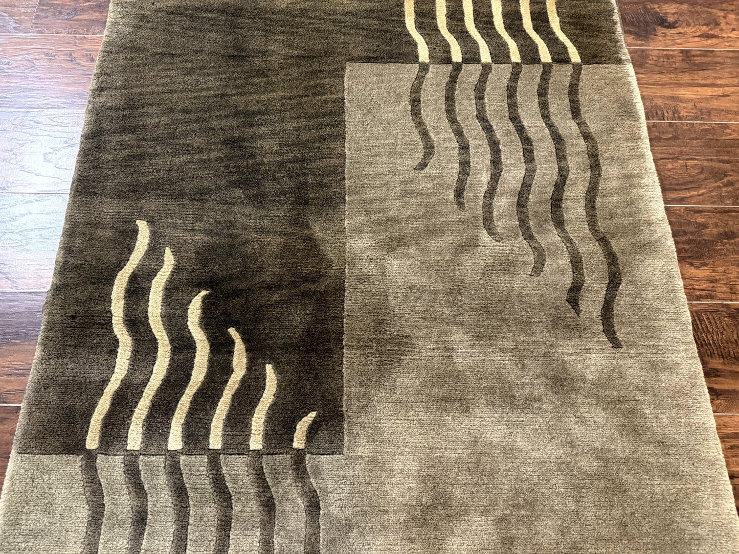 Modern Tibetan Wool Rug 3.6 x 5.6, Shades of Green, Abstract Design - Nuvé