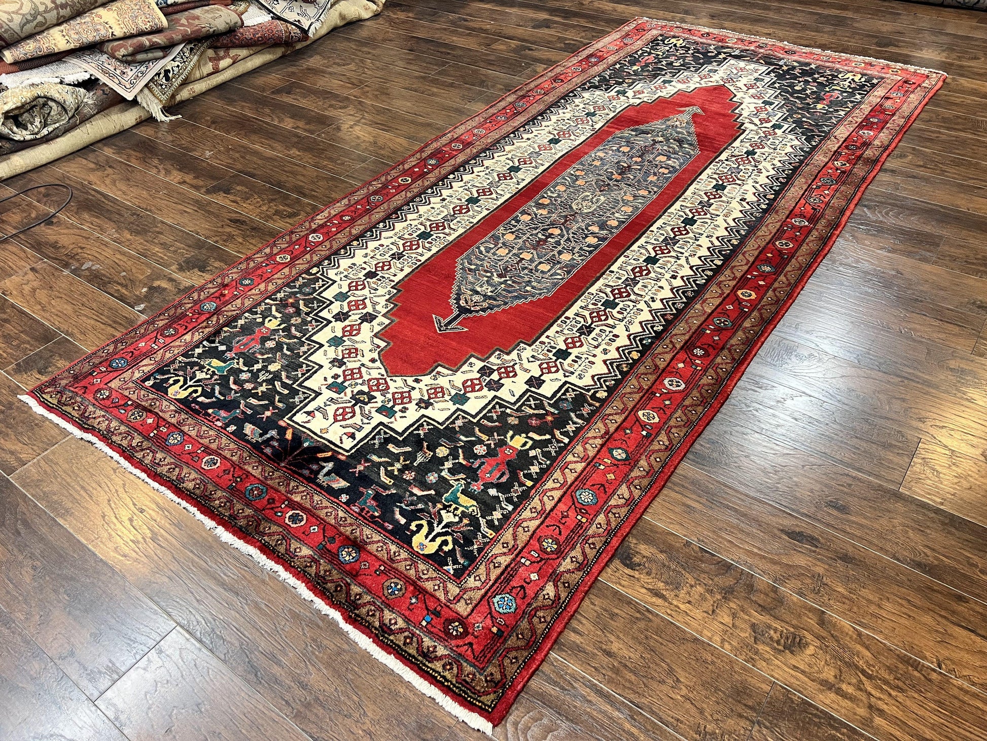 Persian Rug 5x12 ft, Red Cream Navy Blue, Pictorials, Hand Knotted Handmade Wide Runner Tribal Bidjar Semi Antique Wool Geometric Oriental Rug - Nuvé