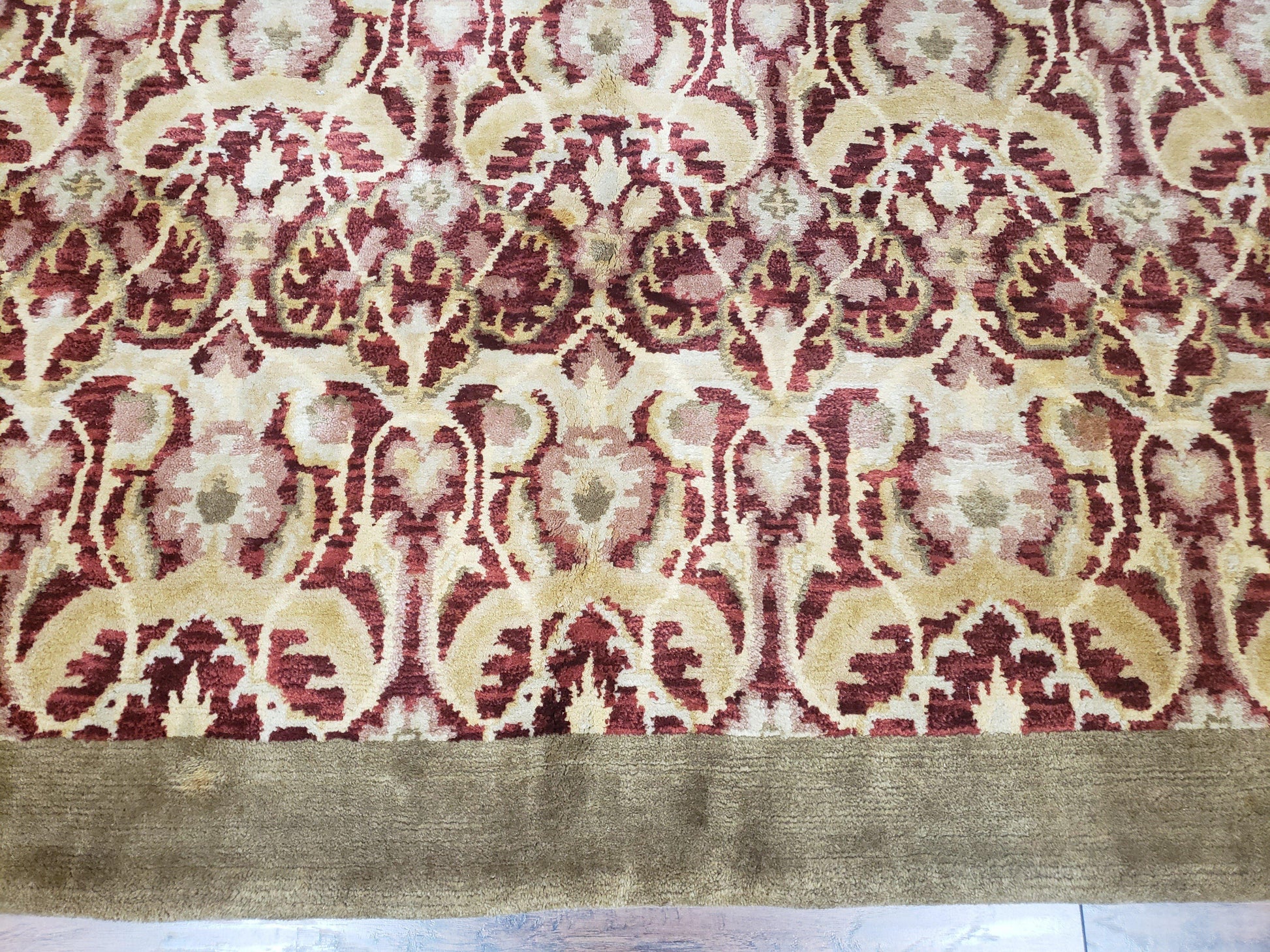 Contemporary Indian Nepalese Room Sized Rug 9 x 11.6, Wool Hand-Knotted Dark Red & Beige Soft Carpet, 9 x 12 Masterloom Living Room Rug - Nuvé