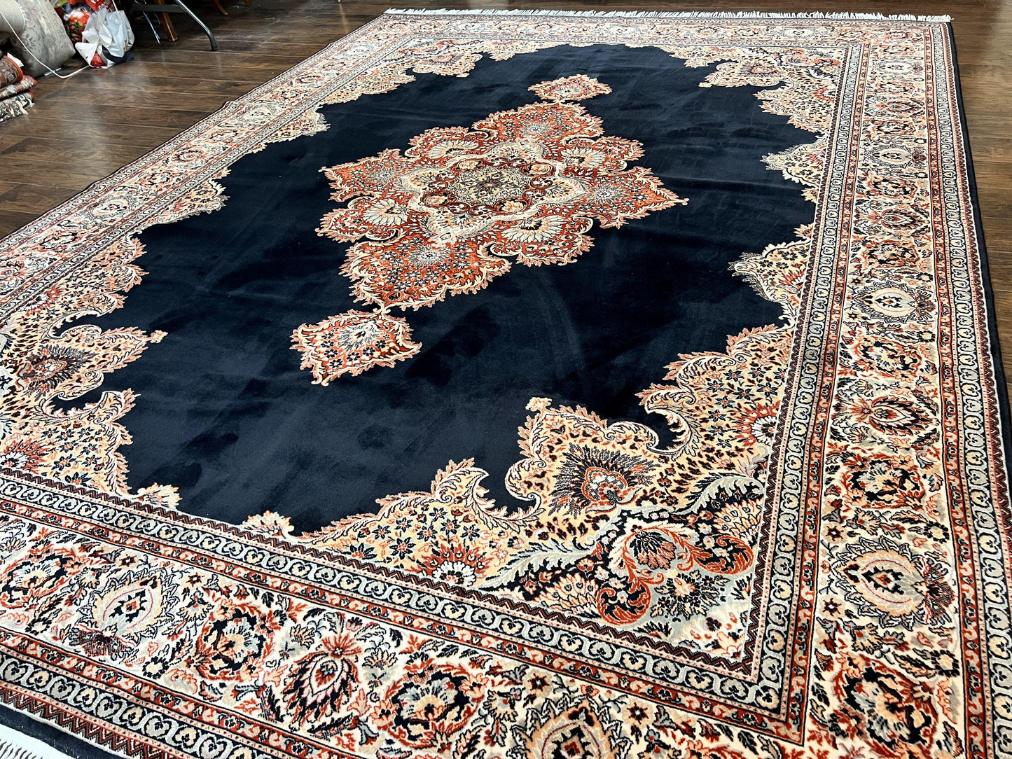 Karastan Rug 10x13, Karastan Ebony Kirman Rug, Room SIzed Wool Pile Vintage Karastan Carpet, Belgium Power Loomed Rug, Black Semi Open Field - Nuvé