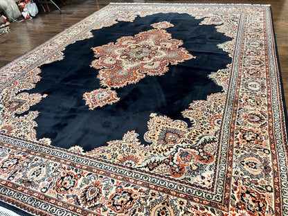 Karastan Rug 10x13, Karastan Ebony Kirman Rug, Room SIzed Wool Pile Vintage Karastan Carpet, Belgium Power Loomed Rug, Black Semi Open Field - Nuvé
