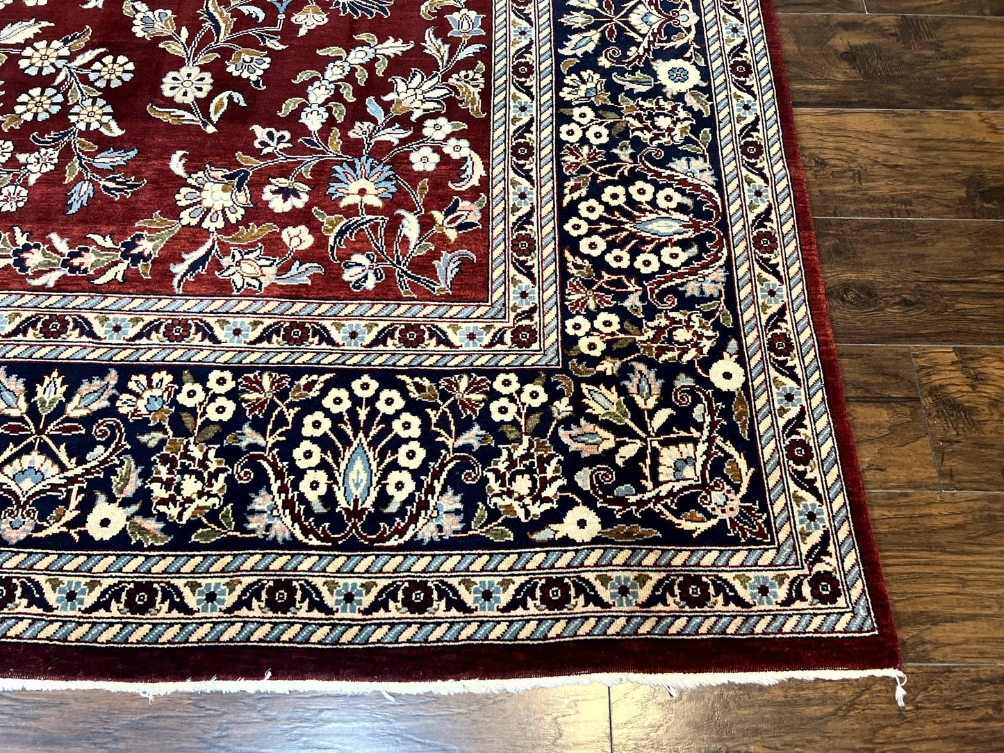 Indo Persian Sarouk Rug 9x12, Floral Allover, Dark Red & Navy Blue, Handmade Vintage Wool Carpet - Nuvé