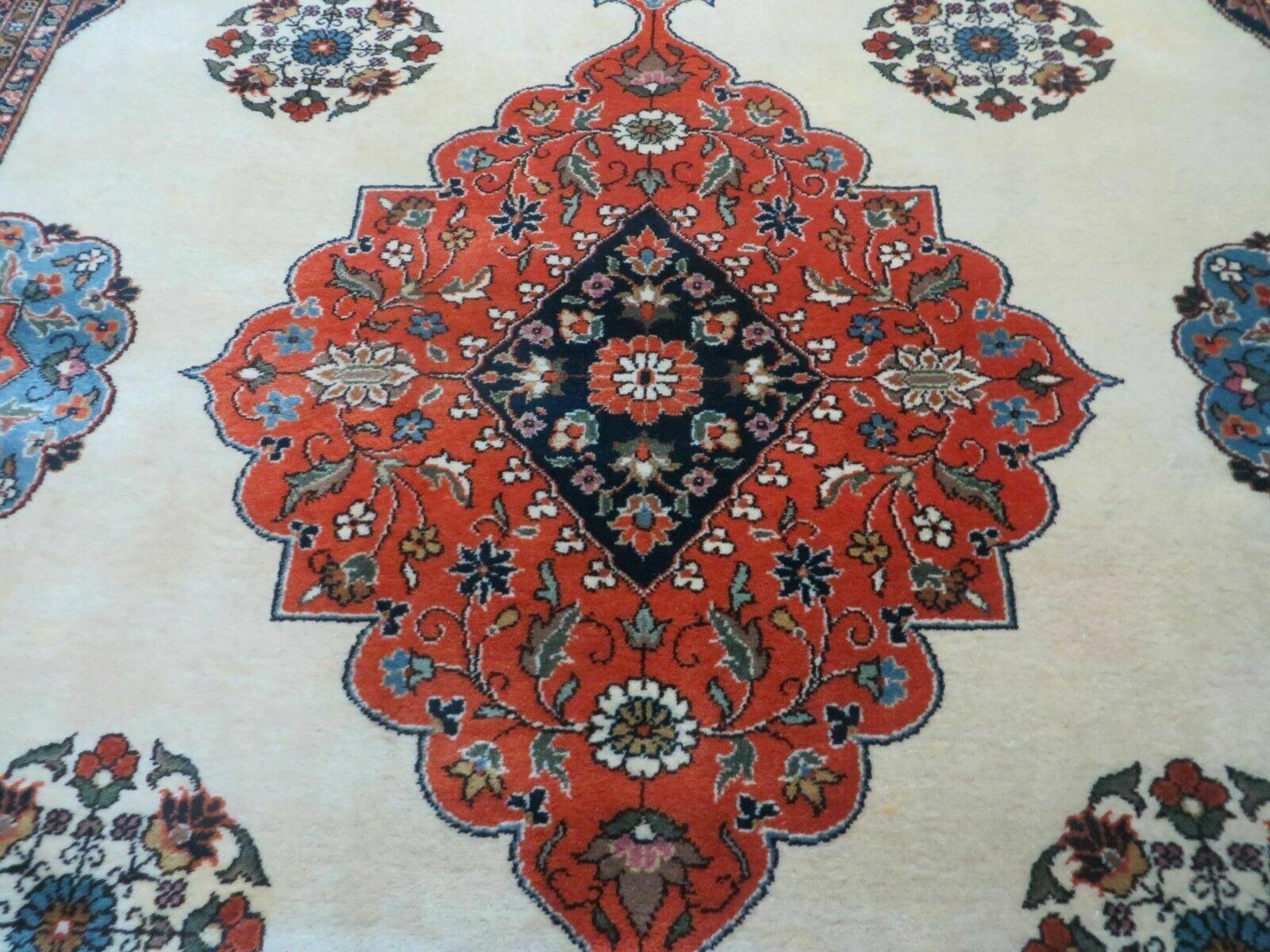 Indo Persian Rug 9x12, Semi Open Field Medallion, Ivory Tomato Red Navy Blue, Hand Knotted Indian Oriental Wool Carpet 9 x 12 ft, Room Sized - Nuvé