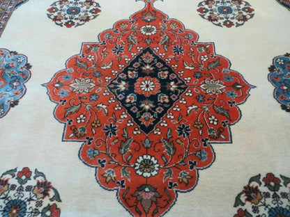 Indo Persian Rug 9x12, Semi Open Field Medallion, Ivory Tomato Red Navy Blue, Hand Knotted Indian Oriental Wool Carpet 9 x 12 ft, Room Sized - Nuvé
