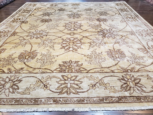 Oversized Peshawar Chobi Oushak Area Rug 11.6 x 12.5, Wool Hand-Knotted Light Gold & Ivory Decorative Pakistani Floral Carpet, 11x12 - 12x13 - Nuvé