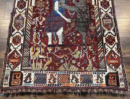 Antique Persian Shiraz Pictorial Rug 3.6 x 5, Persian Tribal Rug, Handmade, Lions, Highly Unique Collectible Small Persian Carpet, Maroon, Wool - Nuvé