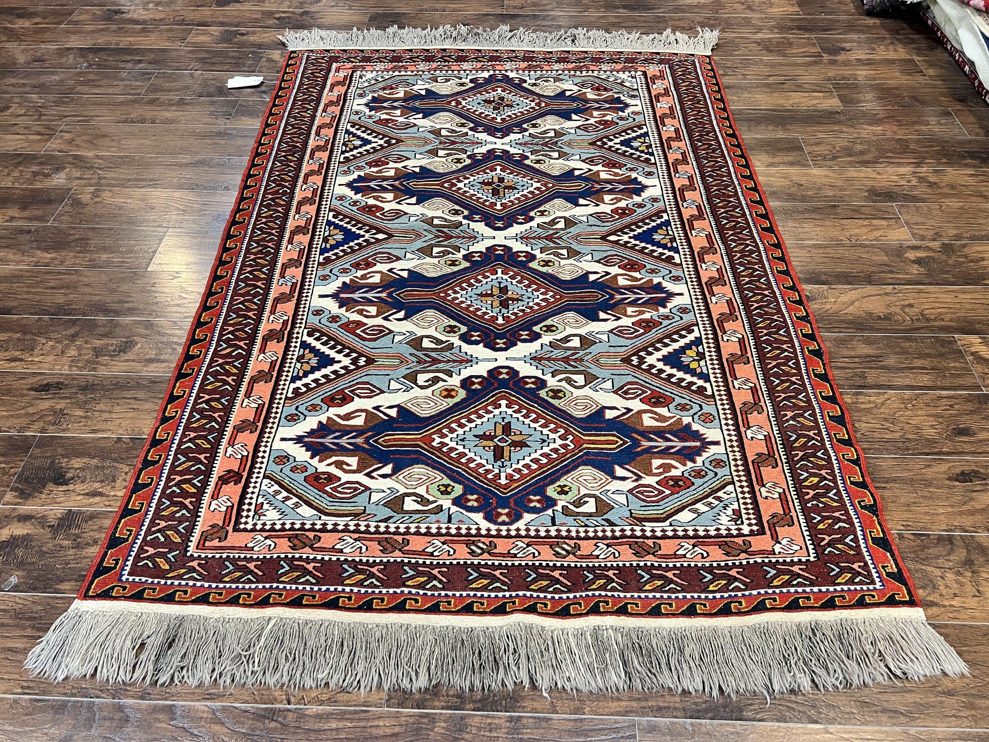 Russian Soumak Rug 6x8, Wool Handmade Antique Kilim Carpet, Multicolor 6 x 8 Geometric Medallions Caucasian Rug, Medium Size - Nuvé