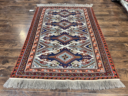 Russian Soumak Rug 6x8, Wool Handmade Antique Kilim Carpet, Multicolor 6 x 8 Geometric Medallions Caucasian Rug, Medium Size - Nuvé
