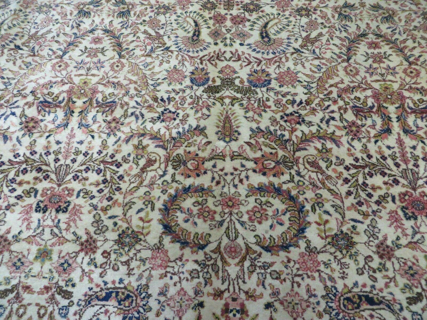Persian Tabriz Rug 8x10, Antique Authentic Wool Oriental Carpet 8 x 10 ft, Bird Motifs Floral Boteh Paisleys, Cream Red Blue Vintage Handmade Rug - Nuvé